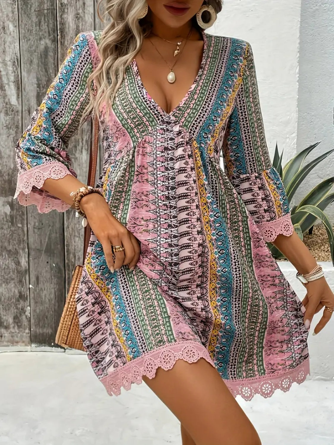 🌷🌷Lace Trim Printed V-Neck 3/4 Sleeve Dress(S-5XL)