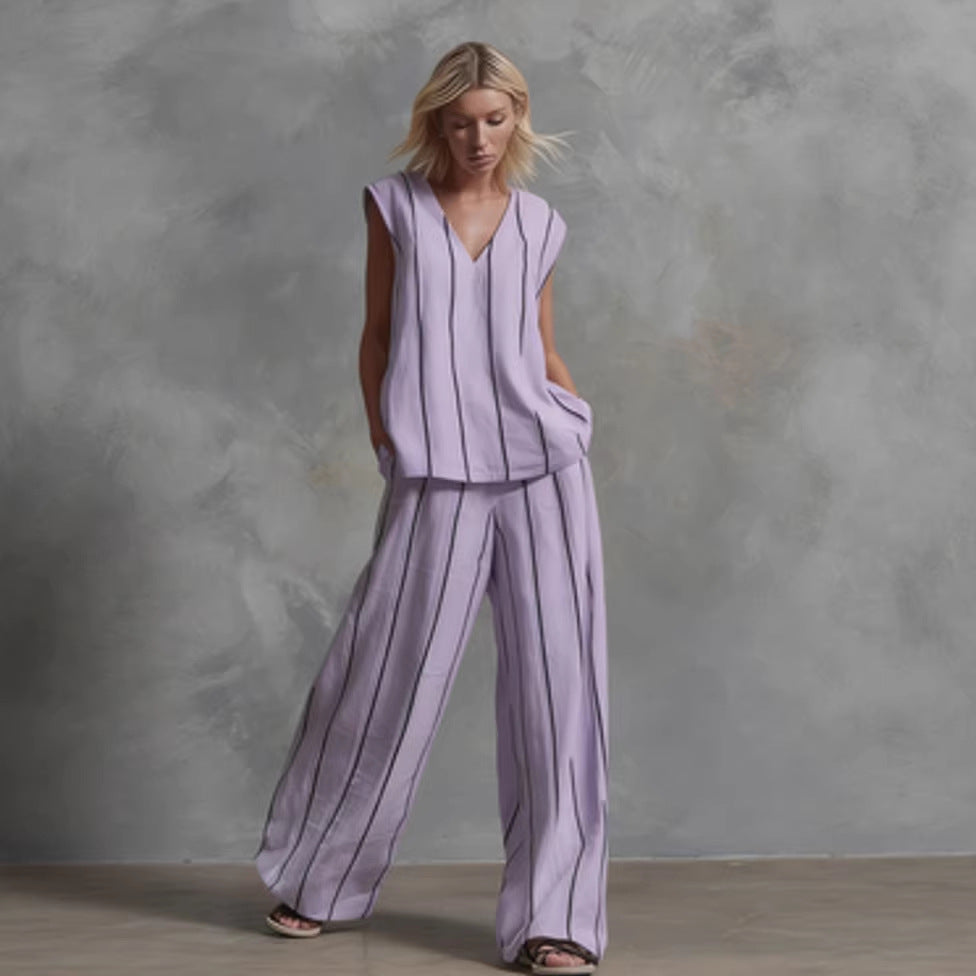 🌷🌷Women’s Sleeveless Striped Top and Full-Length Pants Set