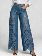 🌷Pantalones vaqueros de mujer de talle alto y pierna ancha con inserciones de encaje y bolsillos