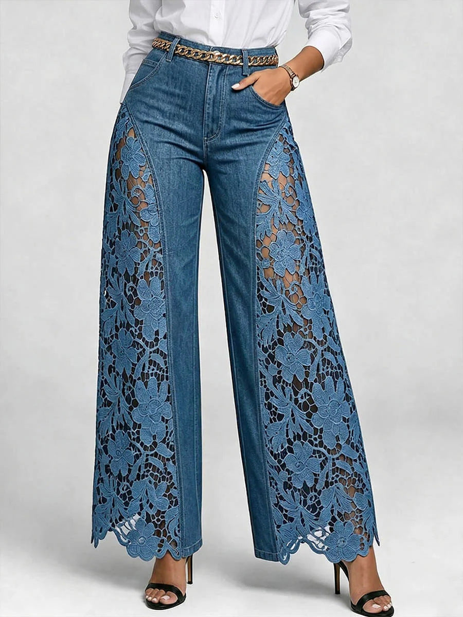 🌷Pantalones vaqueros de mujer de talle alto y pierna ancha con inserciones de encaje y bolsillos