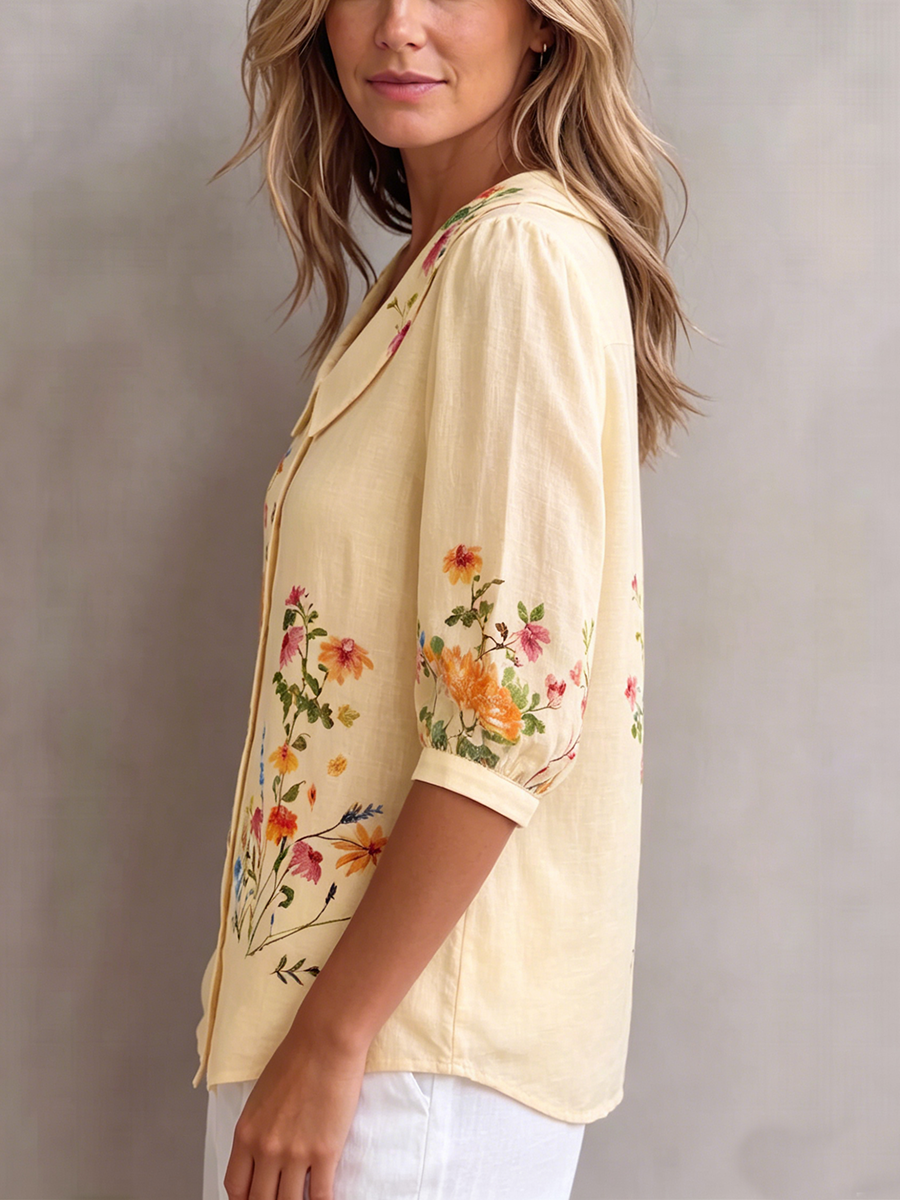 💝💝Cotton and linen shirt with artistic color blocks and lines