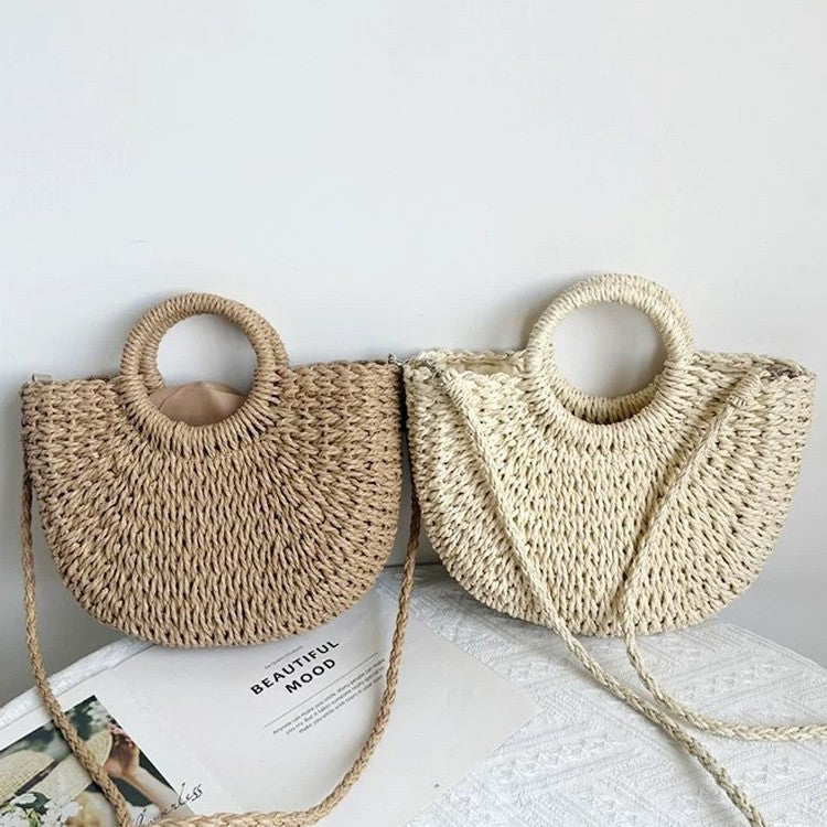 🌷Women woven summer beach half moon shoulder bags vintage