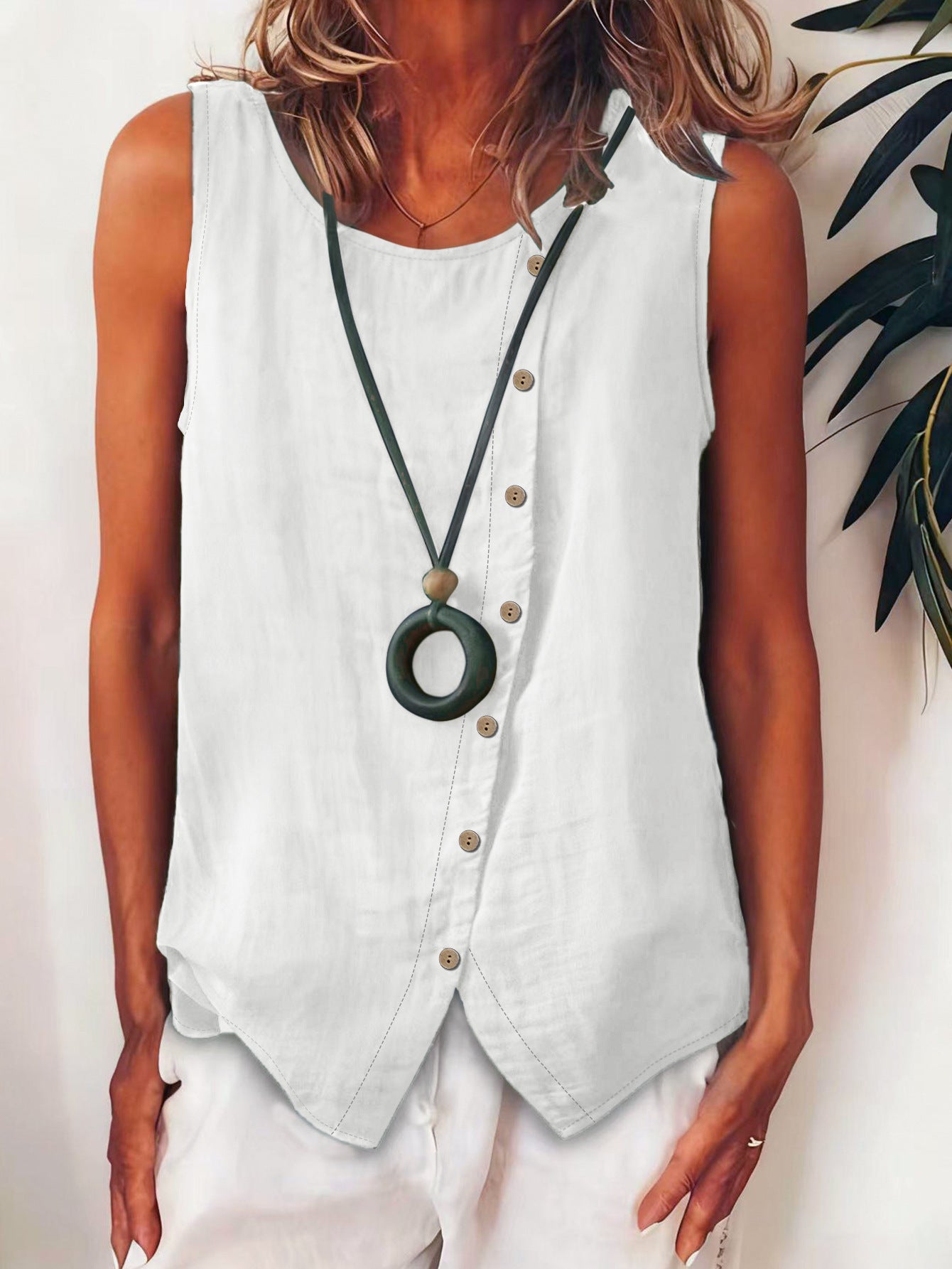🌷Women's Bohemian Style Camisole Top, Asymmetric Buckle Design, Round Neck, Regular Length Casual  Summer