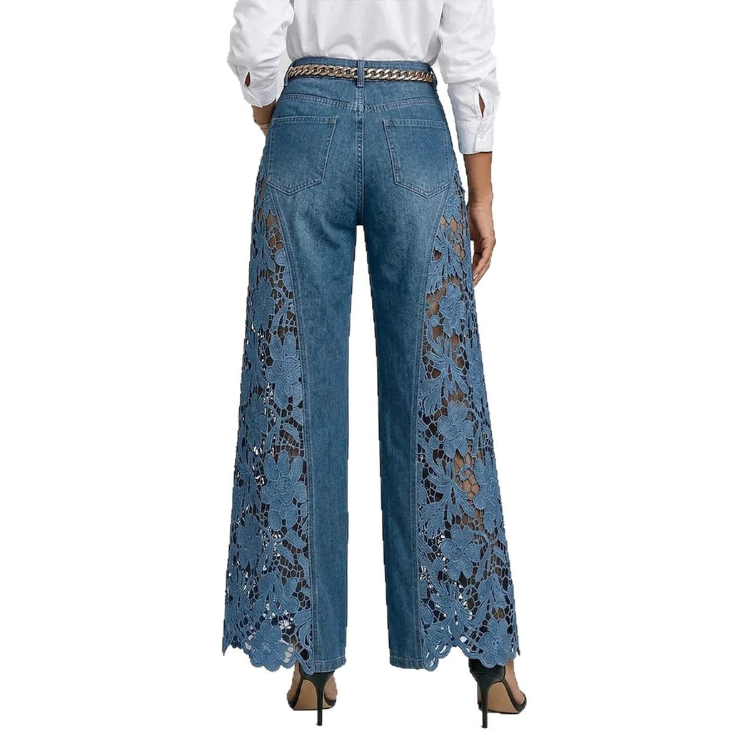 🌷Pantalones vaqueros de mujer de talle alto y pierna ancha con inserciones de encaje y bolsillos