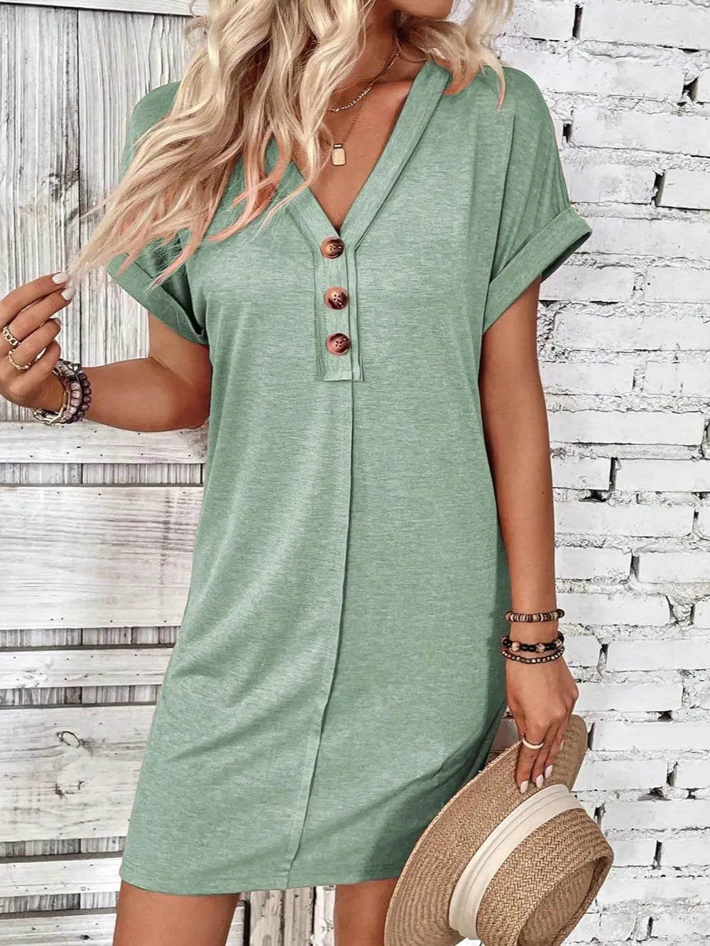 🌷🌷Francesca Quarter Button V-Neck Short Sleeve Dress