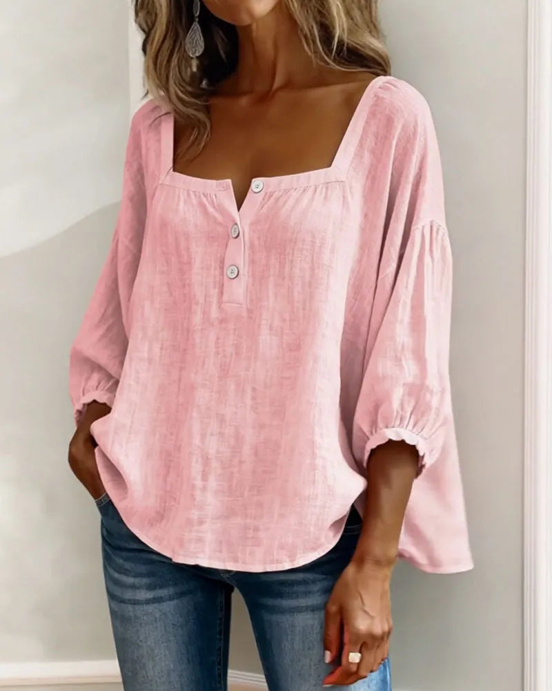 🌿🌿Pink Square-Neck Half-Button Shirt
