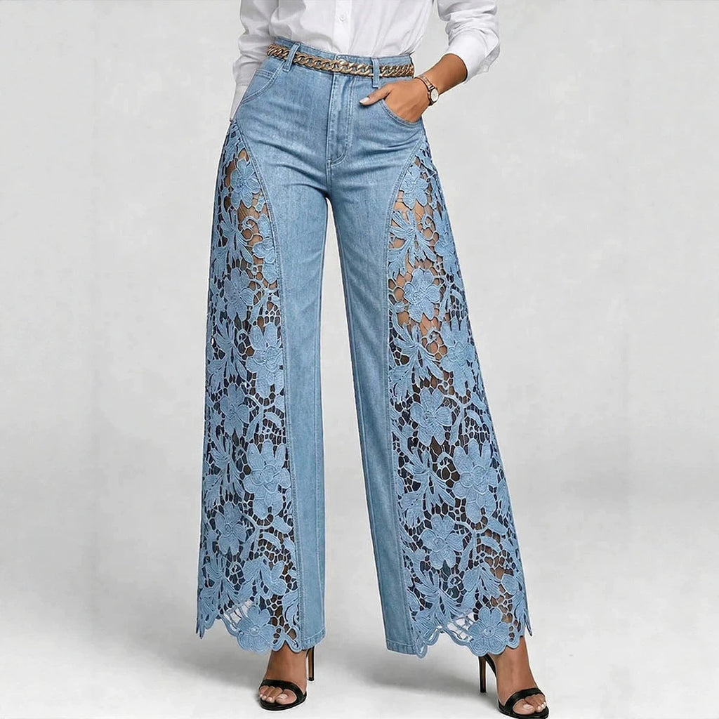 🌷Pantalones vaqueros de mujer de talle alto y pierna ancha con inserciones de encaje y bolsillos