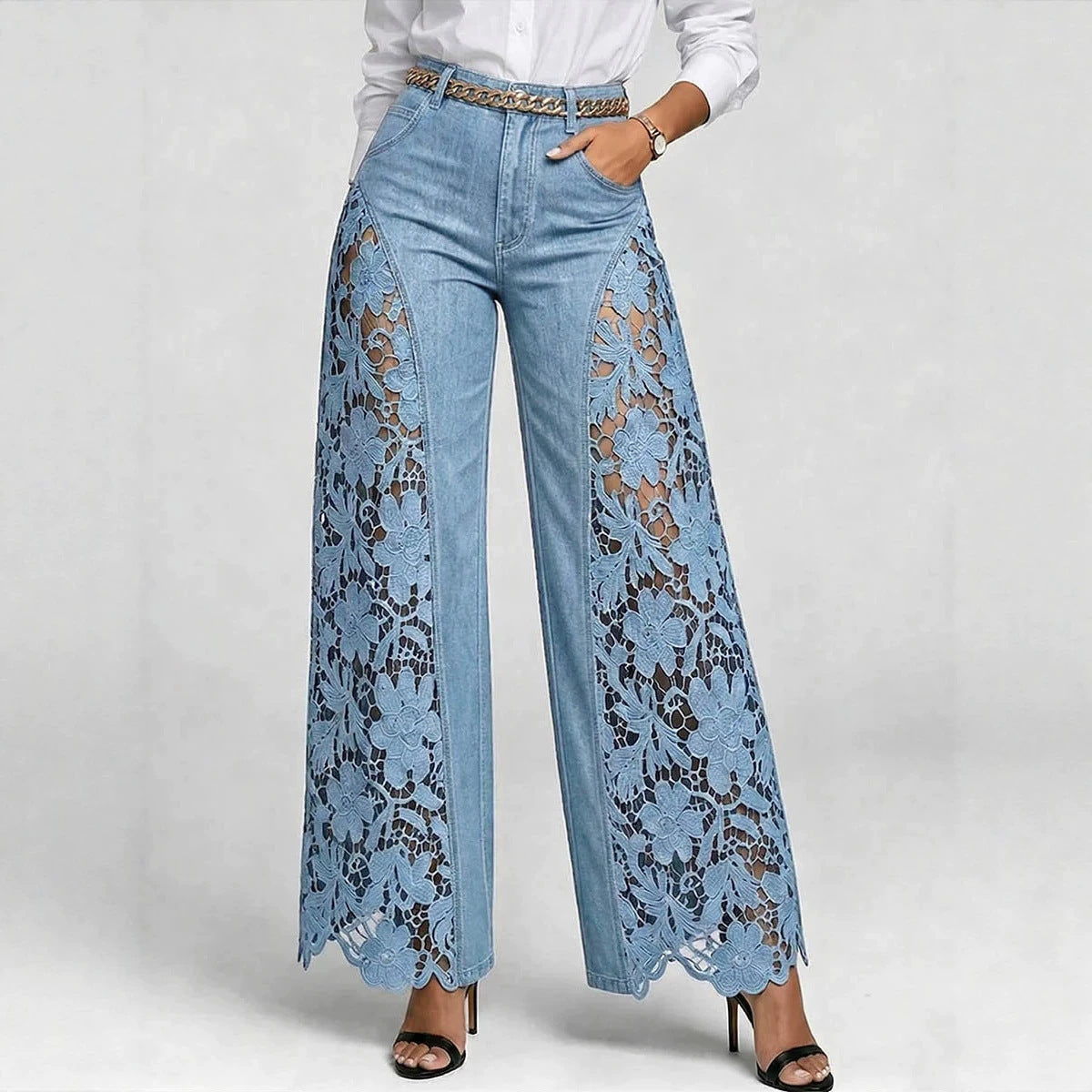 🌷Pantalones vaqueros de mujer de talle alto y pierna ancha con inserciones de encaje y bolsillos