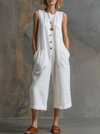 🌷Retro Sleeveless Cotton-Linen Wide-Leg Cropped Jumpsuit