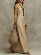 🌷🌷Relaxed Soft Drape Halter Column Linen Halter Maxi Dress