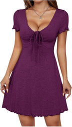 🌷🌷 Women's Short Sleeve Drawstring Front Ruched Short Dress V Neck A Line Tshirt Dresses