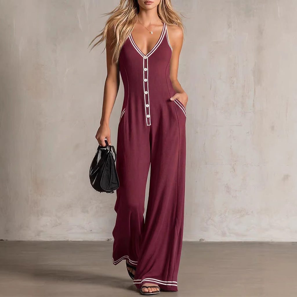 🌷Women's V-Neck Backless Wide-Leg Jumpsuit – High Waist Casual
