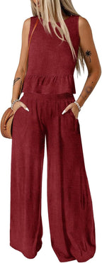 🔥🔥🔥49.98% OFF NOW! ✨Pants Sets Women 2 Piece Outfits Sleeveless Round Neck Tank Tops Matching Sets for Women Elastic Waist Wide Leg