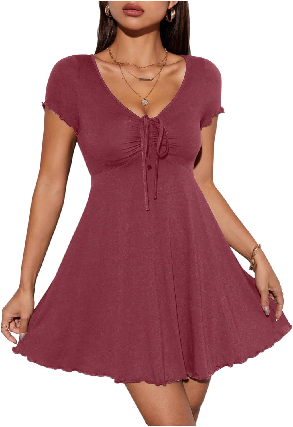 🌷🌷 Women's Short Sleeve Drawstring Front Ruched Short Dress V Neck A Line Tshirt Dresses