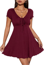 🌷🌷 Women's Short Sleeve Drawstring Front Ruched Short Dress V Neck A Line Tshirt Dresses