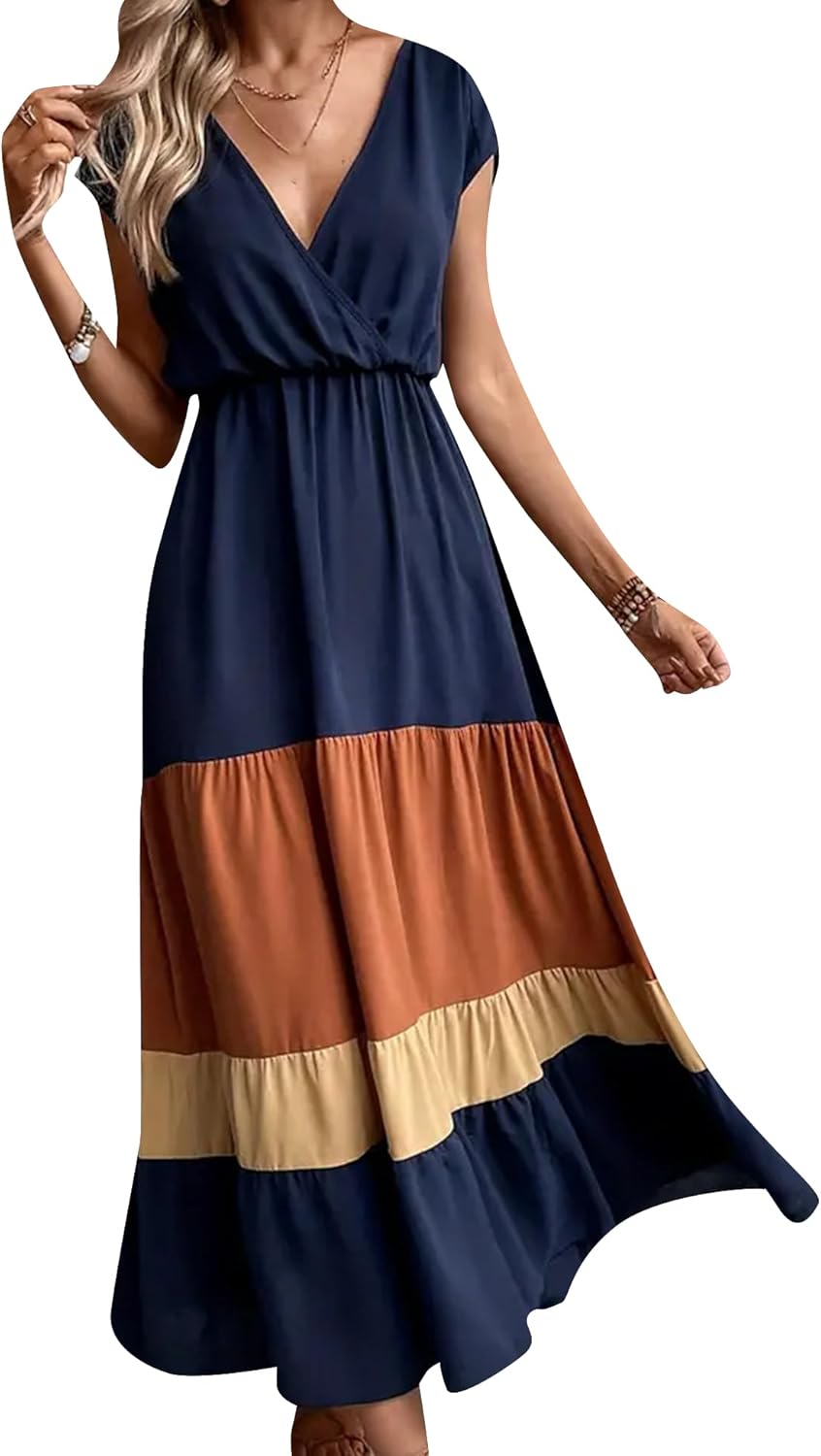 GRASWE Women Party Color Block Dress High Waist Short Sleeve Maxi V Neck Dress Casual Ruched Ruffle Hem Dress