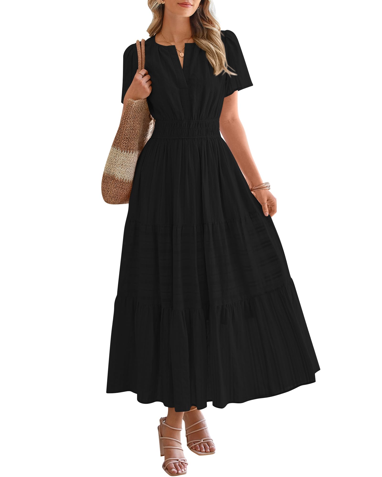 🔥🔥🔥Limited time sale Women's Lightweight Short Sleeve V Neck Elastic Waist Dresses