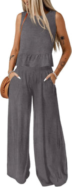 🔥🔥🔥49.98% OFF NOW! ✨Pants Sets Women 2 Piece Outfits Sleeveless Round Neck Tank Tops Matching Sets for Women Elastic Waist Wide Leg