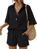🔥🔥Time-Limited Special Price: $46.99!!⏰Women 2 Piece Linen Short Sets 2026 Summer Vacation V Neck Short Sleeve Beach Outfits Oversized Button Cotton Pjs