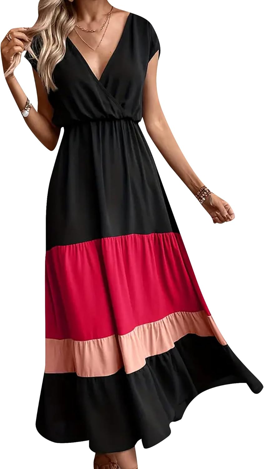 GRASWE Women Party Color Block Dress High Waist Short Sleeve Maxi V Neck Dress Casual Ruched Ruffle Hem Dress
