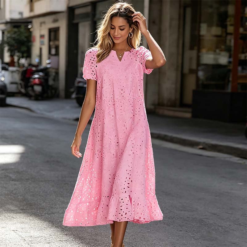 🌿🌿Today 49% off🔥2026 White Eyelet Summer Dress with V-Neck – Airy Women's Dress for Garden Parties & Weddings