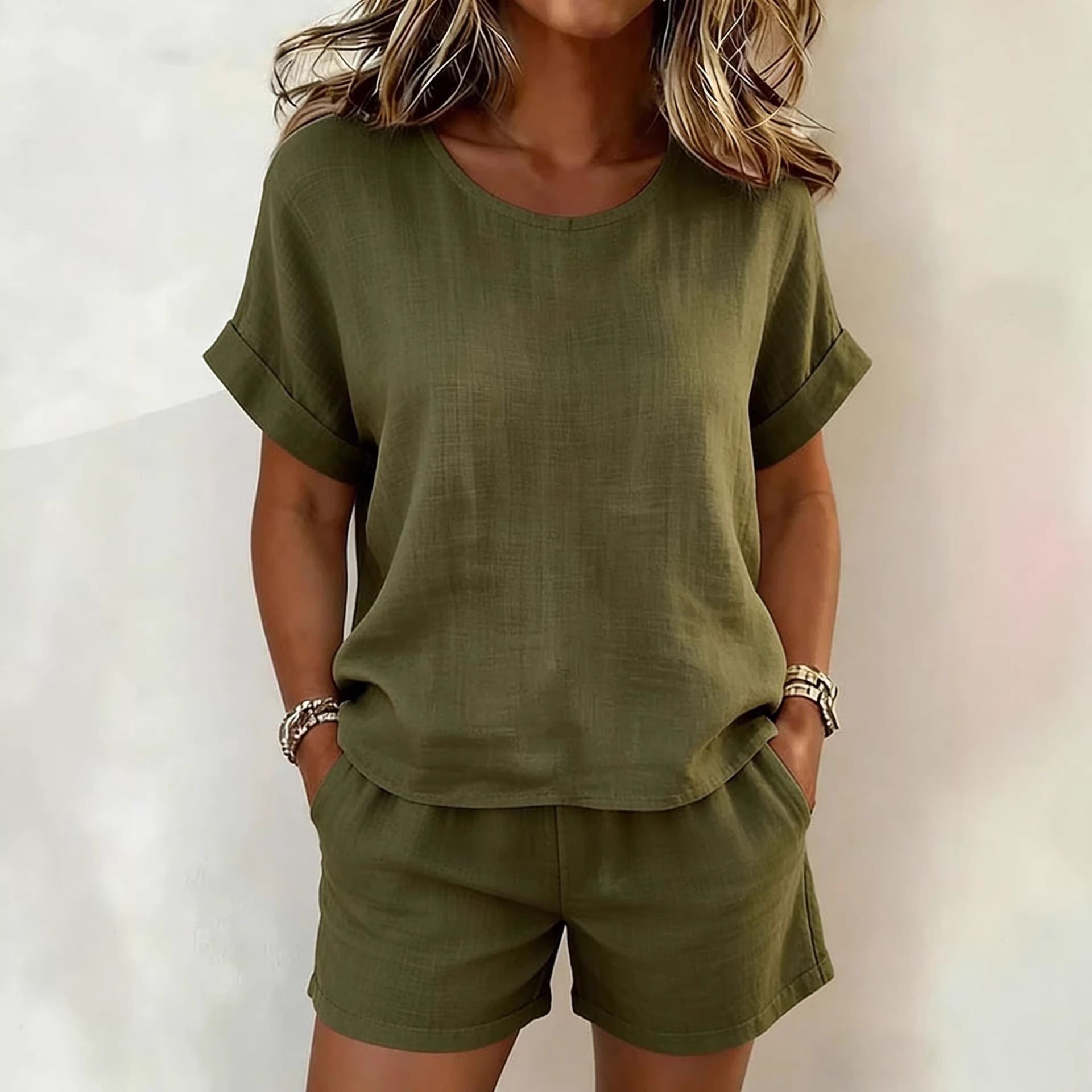 🌷Solid-Color T-Shirt & Shorts Set – Cotton Linen, 10 Colors