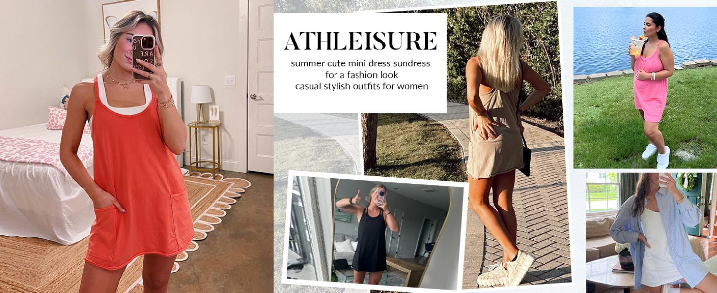💝💝 Women's Summer Sleeveless Mini Dress with Built-in Shorts V Neck Spaghetti Straps Athletic Shorts Tennis Dress with Pockets