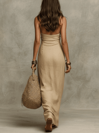 🌷🌷Relaxed Soft Drape Halter Column Linen Halter Maxi Dress