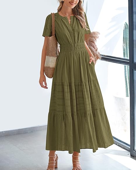 🔥🔥🔥Limited time sale Women's Lightweight Short Sleeve V Neck Elastic Waist Dresses