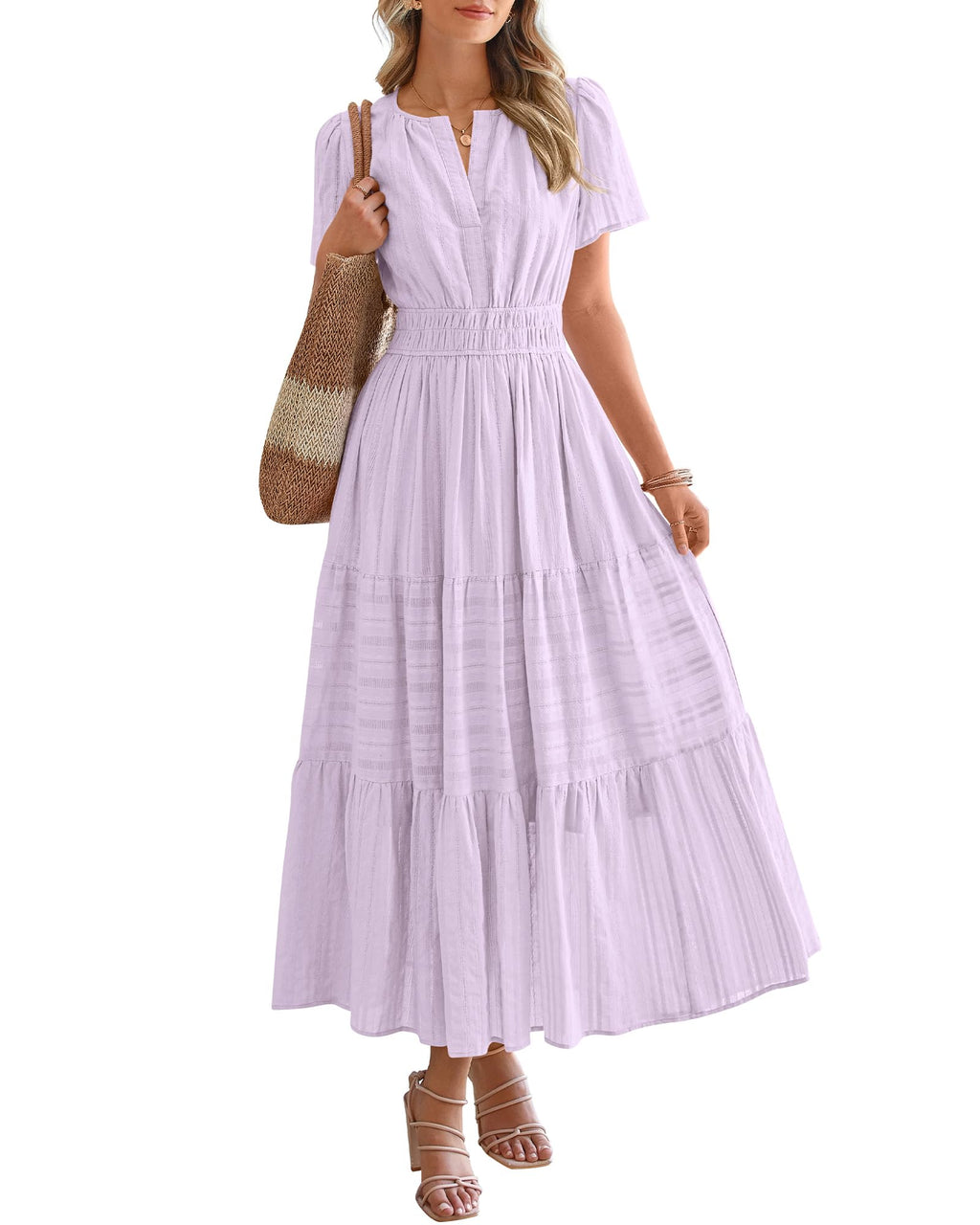 🔥🔥🔥Limited time sale Women's Lightweight Short Sleeve V Neck Elastic Waist Dresses
