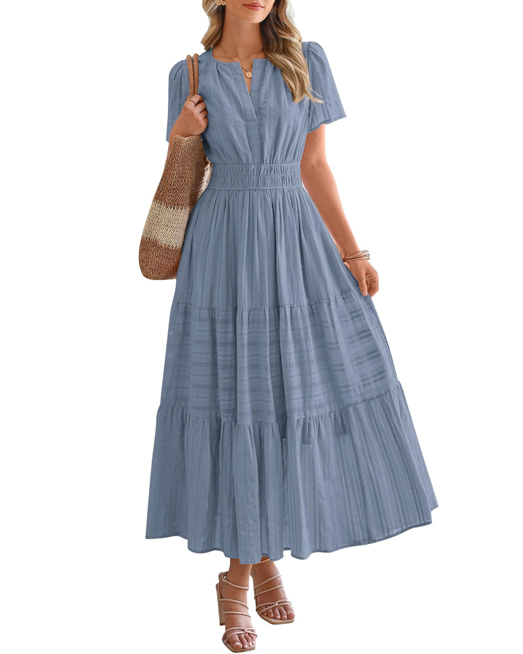 🔥🔥🔥Limited time sale Women's Lightweight Short Sleeve V Neck Elastic Waist Dresses