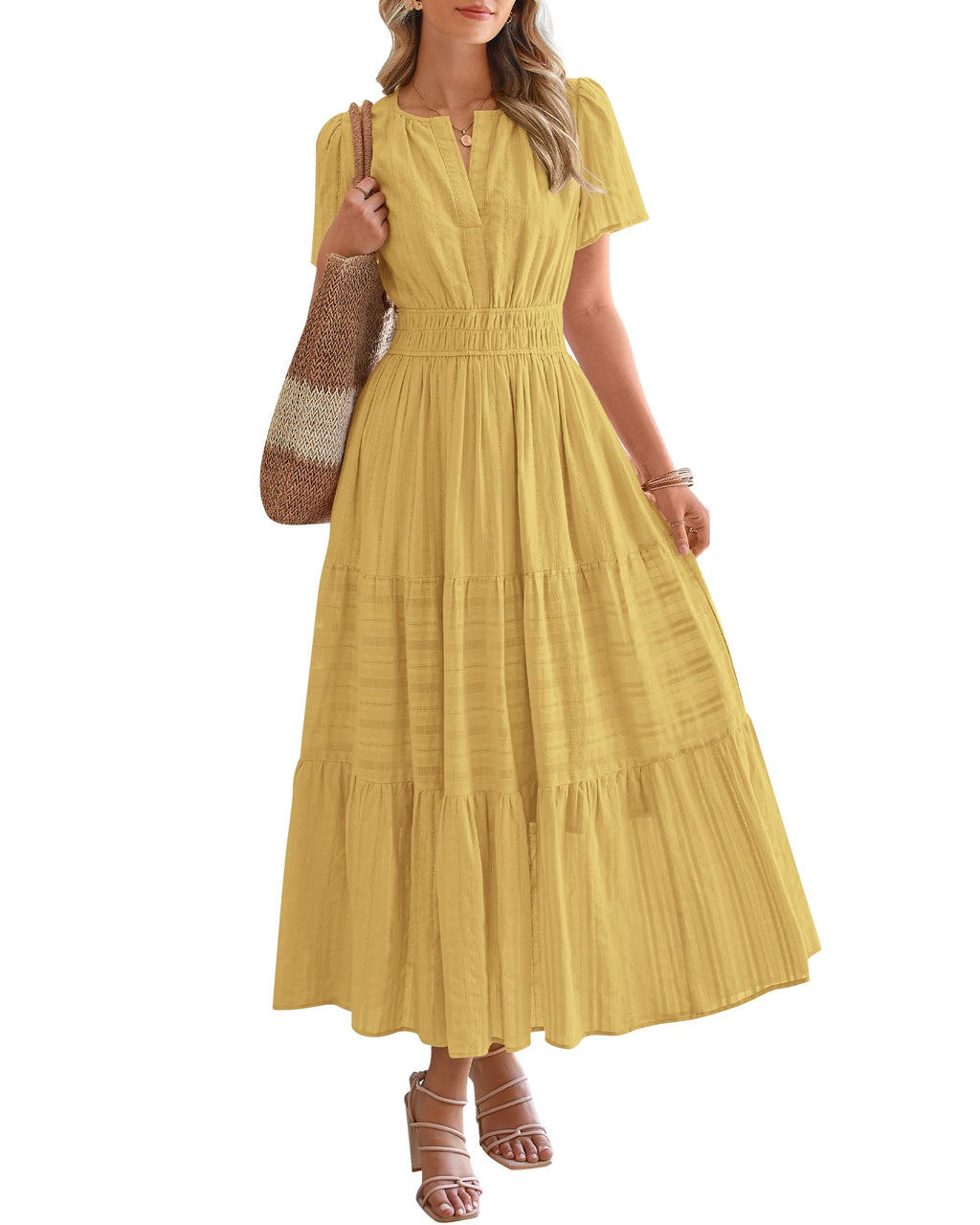 🔥🔥🔥Limited time sale Women's Lightweight Short Sleeve V Neck Elastic Waist Dresses