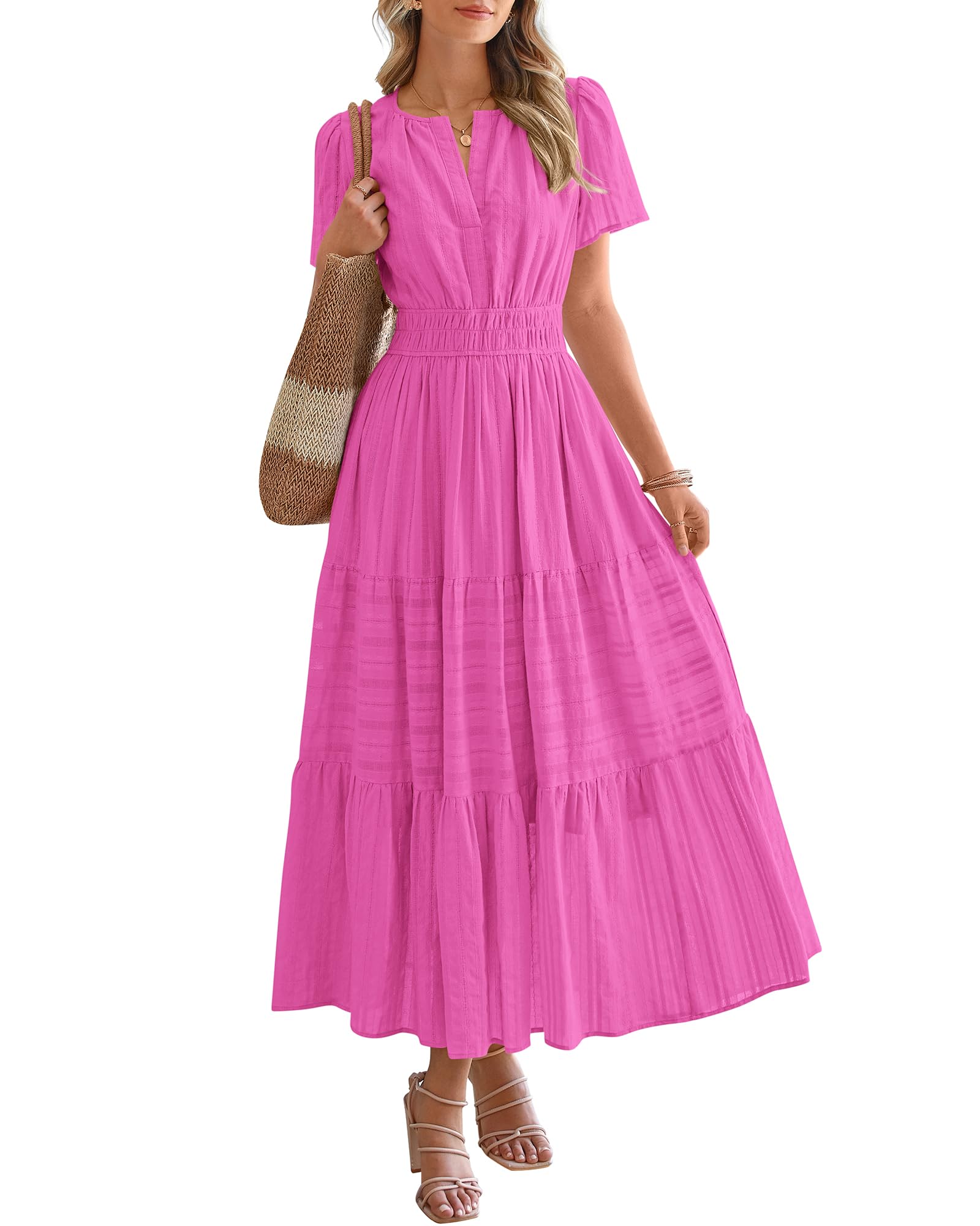 🔥🔥🔥Limited time sale Women's Lightweight Short Sleeve V Neck Elastic Waist Dresses