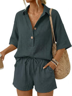 🔥🔥Time-Limited Special Price: $46.99!!⏰Women 2 Piece Linen Short Sets 2026 Summer Vacation V Neck Short Sleeve Beach Outfits Oversized Button Cotton Pjs
