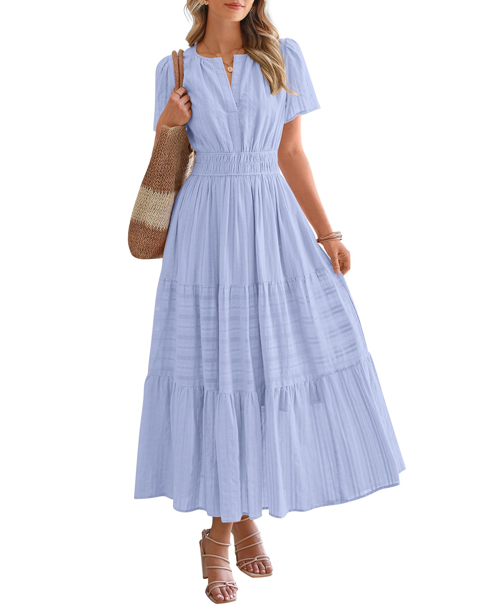🔥🔥🔥Limited time sale Women's Lightweight Short Sleeve V Neck Elastic Waist Dresses