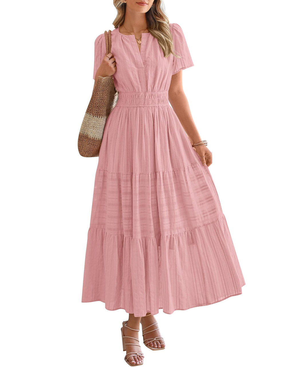 🔥🔥🔥Limited time sale Women's Lightweight Short Sleeve V Neck Elastic Waist Dresses
