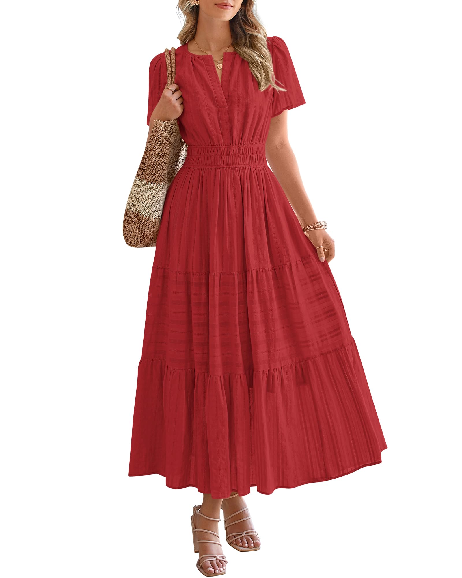 🔥🔥🔥Limited time sale Women's Lightweight Short Sleeve V Neck Elastic Waist Dresses