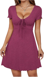 🌷🌷 Women's Short Sleeve Drawstring Front Ruched Short Dress V Neck A Line Tshirt Dresses