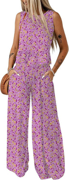 🔥🔥🔥49.98% OFF NOW! ✨Pants Sets Women 2 Piece Outfits Sleeveless Round Neck Tank Tops Matching Sets for Women Elastic Waist Wide Leg