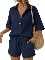 🔥🔥Time-Limited Special Price: $46.99!!⏰Women 2 Piece Linen Short Sets 2026 Summer Vacation V Neck Short Sleeve Beach Outfits Oversized Button Cotton Pjs