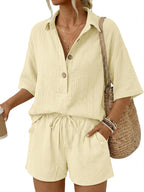 🔥🔥Time-Limited Special Price: $46.99!!⏰Women 2 Piece Linen Short Sets 2026 Summer Vacation V Neck Short Sleeve Beach Outfits Oversized Button Cotton Pjs