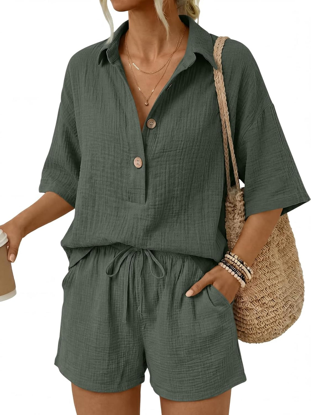 🔥🔥Time-Limited Special Price: $46.99!!⏰Women 2 Piece Linen Short Sets 2026 Summer Vacation V Neck Short Sleeve Beach Outfits Oversized Button Cotton Pjs
