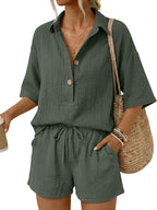 🔥🔥Time-Limited Special Price: $46.99!!⏰Women 2 Piece Linen Short Sets 2026 Summer Vacation V Neck Short Sleeve Beach Outfits Oversized Button Cotton Pjs