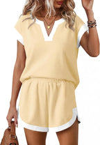 🌷🌷Tankaneo Womens V Neck Color Block Short Sets Summer Short Sleeve T Shirts and Shorts with Pockets Casual 2 Piece Outfits