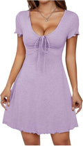 🌷🌷 Women's Short Sleeve Drawstring Front Ruched Short Dress V Neck A Line Tshirt Dresses
