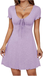 🌷🌷 Women's Short Sleeve Drawstring Front Ruched Short Dress V Neck A Line Tshirt Dresses