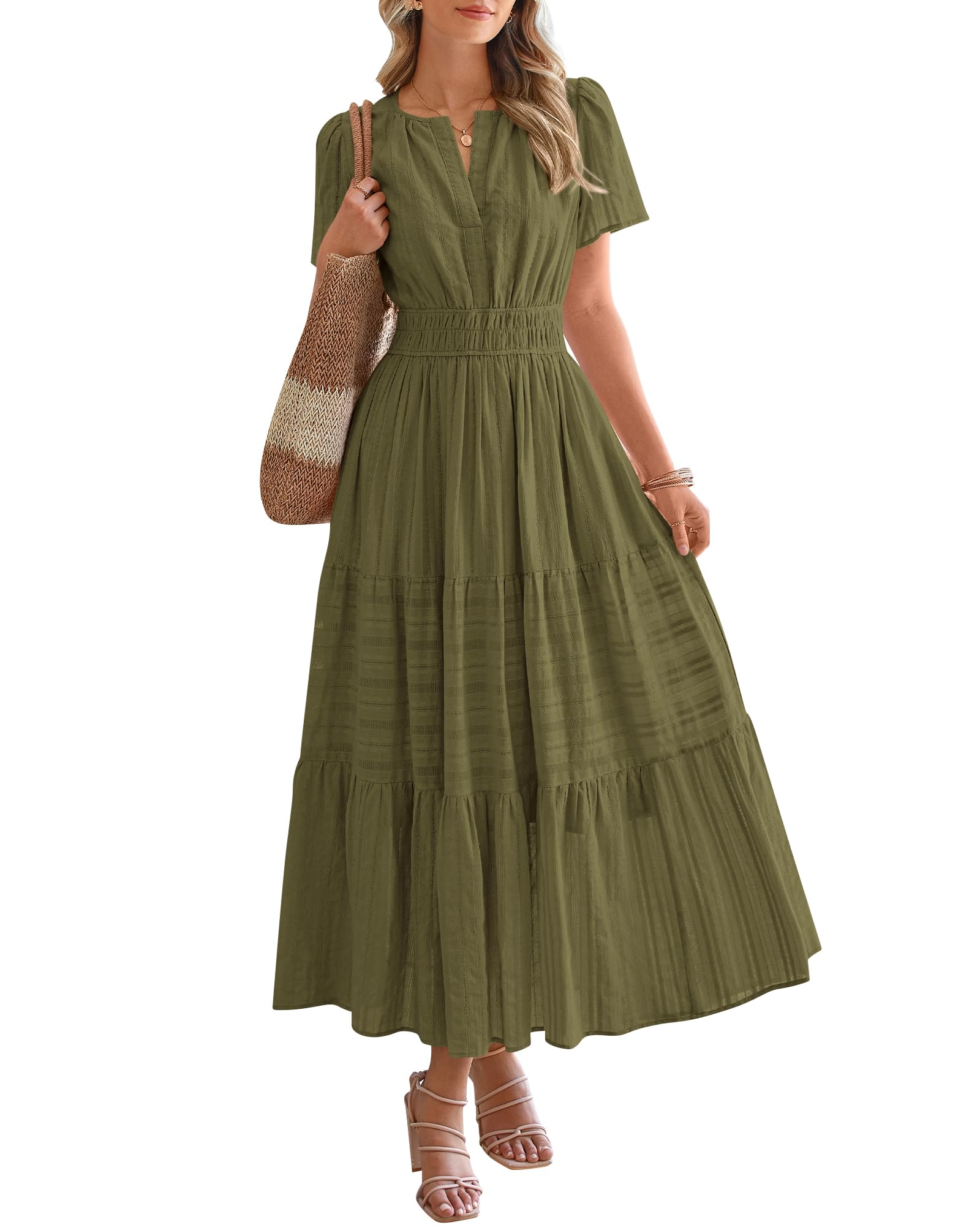 🔥🔥🔥Limited time sale Women's Lightweight Short Sleeve V Neck Elastic Waist Dresses