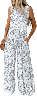 🔥🔥🔥49.98% OFF NOW! ✨Pants Sets Women 2 Piece Outfits Sleeveless Round Neck Tank Tops Matching Sets for Women Elastic Waist Wide Leg