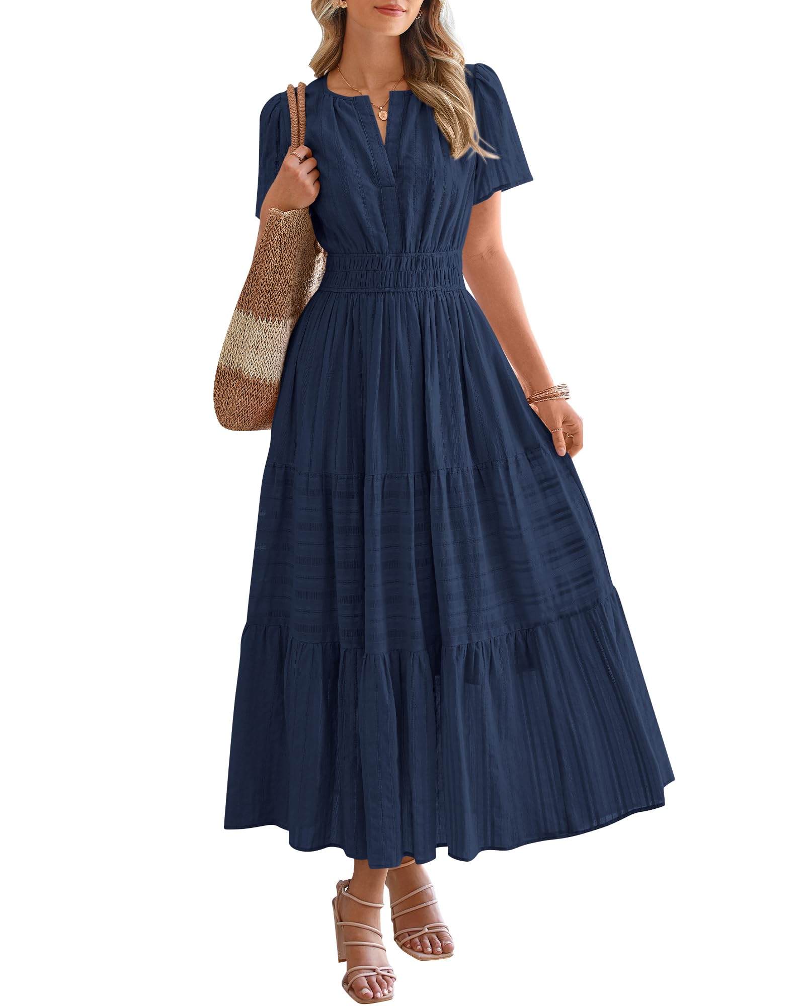 🔥🔥🔥Limited time sale Women's Lightweight Short Sleeve V Neck Elastic Waist Dresses