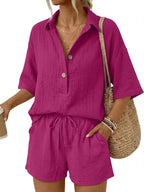 🔥🔥Time-Limited Special Price: $46.99!!⏰Women 2 Piece Linen Short Sets 2026 Summer Vacation V Neck Short Sleeve Beach Outfits Oversized Button Cotton Pjs